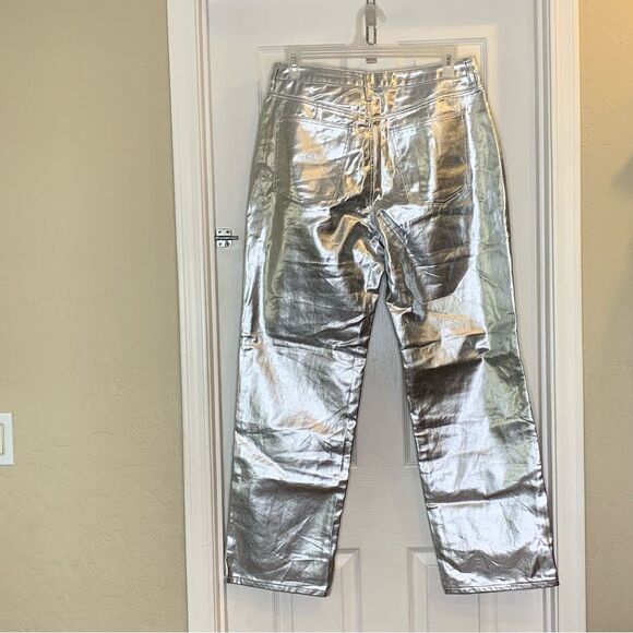 Fashion Nova Felt A Spark Metallic Straight Leg Pants Size 15 Silver - Picture 2 of 10